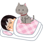 睡眠中に猫に乗られる人のイラスト（女性）