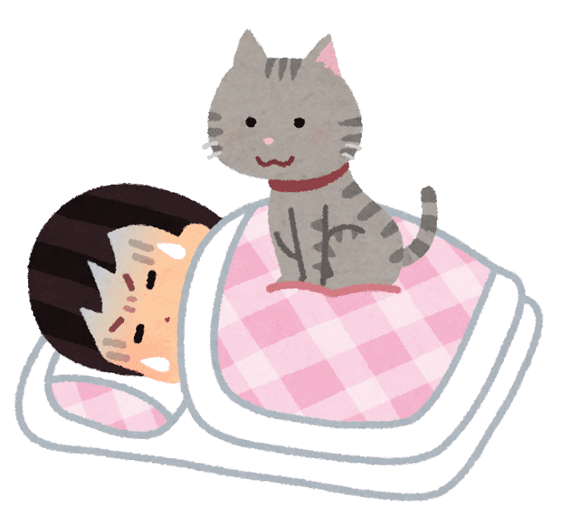 睡眠中に猫に乗られる人のイラスト（女性）