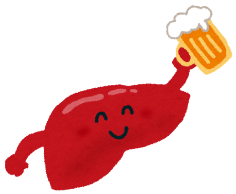 肝臓のキャラクターとビールのイラスト