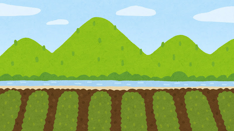 山と川と畑のイラスト（背景素材）