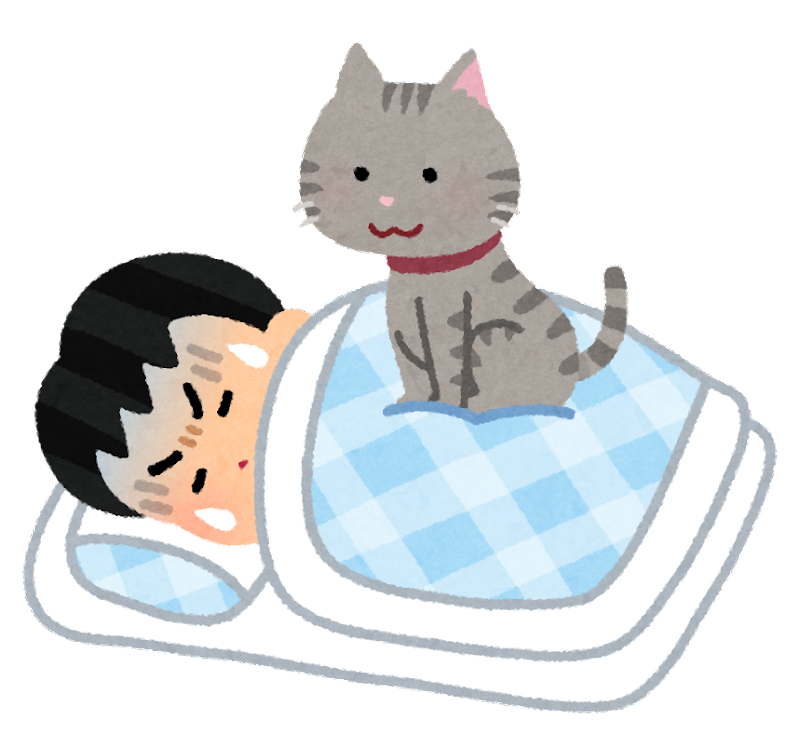 睡眠中に猫に乗られる人のイラスト（男性）