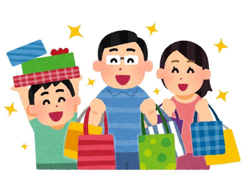 たくさん買い物をする家族のイラスト（アジア人）