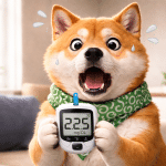 驚いた柴犬と血糖値計