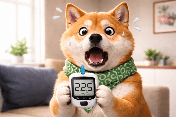 驚いた柴犬と血糖値計
